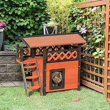 Load image into Gallery viewer, PawHut Cat House Outdoor Kitten Shelter Puppy Kennel with Balcony Stairs Asphalt Roof, 77 x 50 x 73 cm, Brown