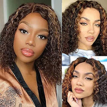 Load image into Gallery viewer, Highlight Human Hair Lace Front Wigs Deep Wave #4/27 Ombre Paino Colored Glueless Wigs Pre Plucked 13x4 Lace Frontal Wig Curly Water Wave Lace Wig Honey Blonde Real Human Hair 180% Density(10 Inch)