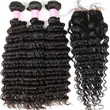 Load image into Gallery viewer, Brazilian Deep Wave Bundles with Closure Virgin Human Hair Bundles with Closure 4×4 Lace Mixed Length Hair Bundles Natural Color for Black Women 100% Unprocessed Miss GAGA (16 18 20+14)