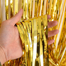 Load image into Gallery viewer, 4 Pack Foil Curtains Metallic Fringe Curtains Shimmer Curtain for Birthday Wedding Party Christmas Decorations (Gold and Black)