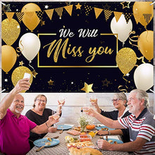 Load image into Gallery viewer, We Will Miss You Party Decorations, Extra Large Black Gold Going Away Party Backdrop Miss You Photography Background Banner for Farewell Anniversary Retirement Graduation Party, 72.8 x 43.3 Inch