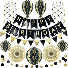 Load image into Gallery viewer, Premium Reusable Birthday Party Decorations - Birthday Decoration Set - Party Supplies - Happy Birthday Banner, Birthday Bunting - Black and Gold Birthday Decorations for Men Women 18th 30th 40th 50th