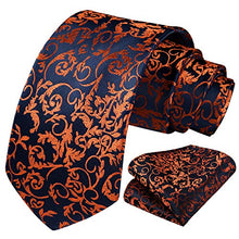 Load image into Gallery viewer, HISDERN Floral Paisley Wedding Tie Handkerchief Men's Necktie & Pocket Square Set, One Size, Orange / Navy Blue
