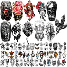 Load image into Gallery viewer, 56 Sheets Eagle Crowns Animals Skeleton Totem Temporary Waterproof Tattoos for Adults Men Half Arm Sleeve Shoulder Fake Tattoos Stickers for Teens Body Forearm(11&45)