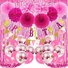 Load image into Gallery viewer, Recosis Birthday Party Decorations, Pink Party Decorations for Girls Women, Happy Birthday Banner, Curtains, Paper Pompoms and Fans, Garland, Confetti Balloons for Birthday Party Decorations