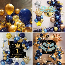 Load image into Gallery viewer, Blue Gold Balloons Arch Garland Kit, Blue Gold Birthday Decorations Navy Blue Balloons HAPPY BIRTHDAY Banner Metallic Blue Gold Silver Balloons Gold Confetti Balloons Crown Star Balloons