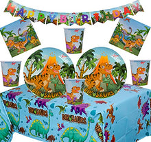 Load image into Gallery viewer, Dinosaur Party Supplies Set Dinosaur Birthday Party Decoration Kit For 16- Dino Plate Napkins Table Cover