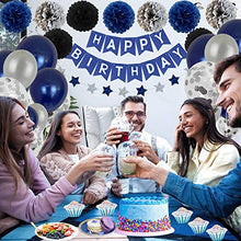 Load image into Gallery viewer, Birthday Decorations Men, Navy Blue and Silver Birthday Balloons for Boy Women Girls Happy Birthday Banner with Start Bunting, 60Pcs Birthday Party Decorations for 13th 16th 18th 30th 40th 50th 60th