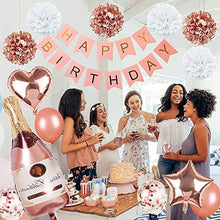 Load image into Gallery viewer, Rose Gold Party Decorations Happy Birthday Confetti Balloons with Banner,Giant Champagne Foil Balloons,Star Heart Foil Balloons,Tissue Paper Pompoms for 1st 2th 3td 16th 18th 21st 25th 30th 50th 60th