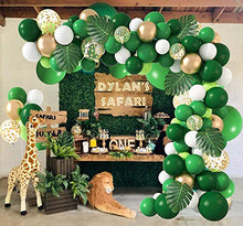 Load image into Gallery viewer, 146 Pcs Jungle Safari Theme Party Supplies Balloon Arch Garland Kit 12'' 10'' 5'' Green Balloons with Palm Leaves Animal Balloons for Kids Birthday Baby Shower Decorations with 3 Pcs Balloon Tools