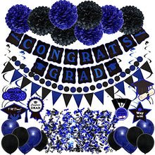 Load image into Gallery viewer, Zerodeco Graduation Decorations, Black and Blue Banner Paper Pompoms Fan Hanging Swirls Graduation Confetti Paper Garland Party Balloons for Grad Party Decoration Supplies