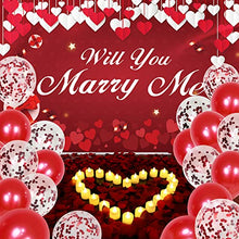 Load image into Gallery viewer, Balloons Engagement Party Decorations Kit - Marry Me Backdrop Banner Conteffi Balloon Led Tea Lights Candles Artificial Rose Pedals Love Propose Decoration Set Romantic Red Engaged