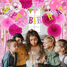 Load image into Gallery viewer, Recosis Birthday Party Decorations, Pink Party Decorations for Girls Women, Happy Birthday Banner, Curtains, Paper Pompoms and Fans, Garland, Confetti Balloons for Birthday Party Decorations