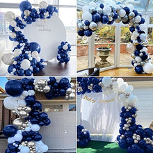 Load image into Gallery viewer, Navy Blue Balloons Arch Garland Kit, Navy Blue White Balloons Metallic Silver Balloons Navy Blue Tablecloth Silver Confetti Balloons for Birthday Wedding Party Decorations