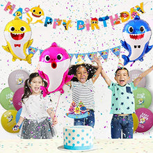 Load image into Gallery viewer, Party Squad shark party theme happy birthday decoration set birthday banner balloons with shark family helium balloons cake topper and bunting banner for kid’s birthday decoration girls and boys