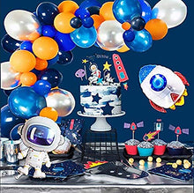 Load image into Gallery viewer, 92pcs Outer Space Balloon Arch Garland Kit, Blue Silver Orange Balloons and Astronaut Rocket Balloons Honeycomb Balls for Kids Birthday Party Decorations