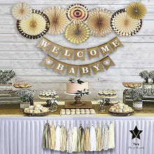 Load image into Gallery viewer, YARA Baby Shower Decorations Neutral | Woodland Rustic Boho Theme Oh Baby Decoration for Girl & Boy, Gender Reveal & Birthdays | Burlap Welcome Baby Banner, Gold & Cream Decor Paper Fans & Tassels