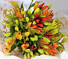 Load image into Gallery viewer, Homeland Florists Asiatic Lily Fresh Flowers Delivered, Send a Luxury Bouquet with Free UK Next Day Delivery, Gift Wrapped & Handwritten Card, Yellow Orange