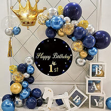 Load image into Gallery viewer, Blue Gold Balloons Arch Garland Kit, Blue Gold Birthday Decorations Navy Blue Balloons HAPPY BIRTHDAY Banner Metallic Blue Gold Silver Balloons Gold Confetti Balloons Crown Star Balloons
