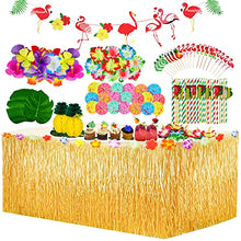 Load image into Gallery viewer, Yojoloin 128 Pcs Hawaiian Tropical Party Decoration Set,Hawaiian Table Skirt+20 Pcs Palm Leaves+30 Pcs Hawaiian Flowers+1 Pcs Flamingo Banner for Beach Summer and Hawaiian Theme Party