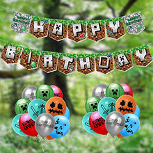Load image into Gallery viewer, Pixel Style Birthday Party Supplies, Game Party Decorations Include Happy Birthday Banners, Cupcake Toppers, Balloons, Ribbons, for Minecraft Players Birthday Party Decorations
