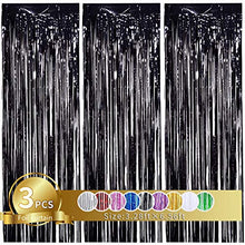 Load image into Gallery viewer, 3Pcs Black Metallic Tinsel Foil Fringe Curtains, 3.28ft x 6.56ft Black Photo Booth Backdrop Streamer Curtain,Photo Booth Props,Ideal Bachelorette Party Supplies,Birthday,Christmas,New Year Decorations