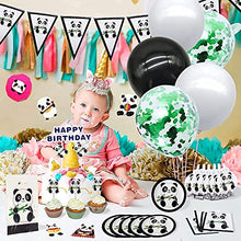 Load image into Gallery viewer, Panda birthday party decoration supplies,96 pcs of panda theme kit included panda cake topper,panda balloon,table cloth,Napkin for panda theme birthday,kids party decortion,baby shower,game day