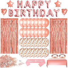 Load image into Gallery viewer, ASTARON Rose Gold Birthday Party Decorations Set, Contain Happy Birthday Banner, Balloons, Confetti, Tablecloth, Birthday Sash for Girl Women's Party Supplies