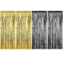 Load image into Gallery viewer, 4 Pack Foil Curtains Metallic Fringe Curtains Shimmer Curtain for Birthday Wedding Party Christmas Decorations (Gold and Black)