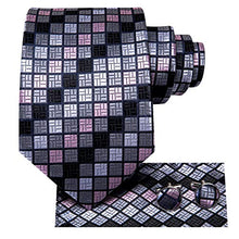 Load image into Gallery viewer, Hi-Tie Silk Mens 3 PCS Tie Set with Gift Box Designer Necktie Handkerchief Cufflinks Silver Ties Clip Set Collection, Pink Gray Orange, Medium