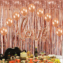 Load image into Gallery viewer, Rose Gold Foil Fringe Metallic Tinsel Curtains Photo Backdrop Set,Flag Bunting Banner,Glitter Paper Star Shape Garland for Birthday Wedding Bachelorette Party Photo Backdrop Door Wall Decorations