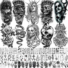 Load image into Gallery viewer, Shegazzi 62 Sheets Wolf Lion Skeleton Temporary Tattoos For Men Women Arm, 3D Realistic Tattoo Stickers For Adults Kids Neck, Black Scary Skull Halloween Vampire Fake Tatoos Snake Flower Compass