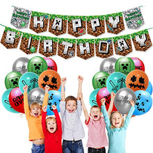 Load image into Gallery viewer, Pixel Style Birthday Party Supplies, Game Party Decorations Include Happy Birthday Banners, Cupcake Toppers, Balloons, Ribbons, for Minecraft Players Birthday Party Decorations