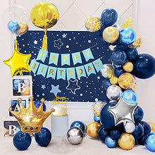 Load image into Gallery viewer, Blue Gold Balloons Arch Garland Kit, Blue Gold Birthday Decorations Navy Blue Balloons HAPPY BIRTHDAY Banner Metallic Blue Gold Silver Balloons Gold Confetti Balloons Crown Star Balloons