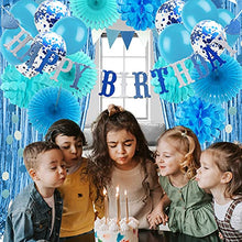 Load image into Gallery viewer, Recosis Birthday Party Decorations, Blue Party Decorations for Boy Men, Happy Birthday Banner, Curtains, Paper Pompoms and Fans, Garland, Confetti Balloons for Birthday Party Decorations