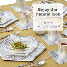 Load image into Gallery viewer, Party Disposable 36 PC DINNERWARE Set Dinner 18 Side Heavyweight Paper Plates | Hexagon Design | for Upscale Wedding and Dining (Wood Collection – Silver)
