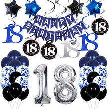 Load image into Gallery viewer, 18th Birthday Decorations Navy Blue for Boys Mens Girls, Party Decorations with Swirl Decoration 18th Happy Birthday Banner and Star Foil Balloons Confetii Latex Blue Balloons for Party Supplies