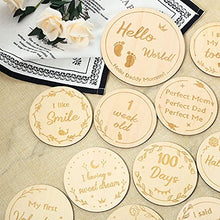 Load image into Gallery viewer, Baby Monthly Wooden Cards, 26 design 13 Pieces Newborn Milestone Baby Gift Sets Monthly Milestone Cards Baby First Year Growth Photo Picture Commemoration Props, Double Sided