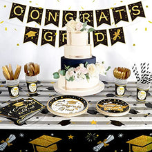 Load image into Gallery viewer, OurWarm Black Gold Graduation Party Supplies 2022, Graduation Party Tableware Including Tablecloth Banner Paper Party Plates Cups Straws Napkin Dinnerware Set for Graduation Decoration - for 24 Guests