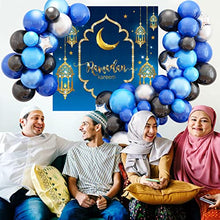 Load image into Gallery viewer, Blue Eid Mubarak Decorations, Blue Ramadan Mubarak Balloon Arch Kit, Blue Eid Banner Muslim Ramadan Backdrop Background for Muslim Ramadan Party Supplies (Banner + Balloon)