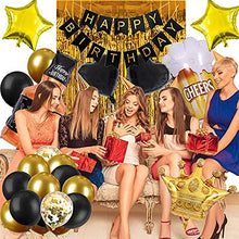 Load image into Gallery viewer, Birthday Decorations for Men, Birthday Party Decorations for Him Her, Happy Birthday Banner, Black Gold Birthday Decor Set for Men Women Girls Boys 21st 30th 40th 50th Birthday Party Supplies