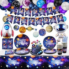 Load image into Gallery viewer, 226 PCS Outer Space Party Supplies - Solar System Planet Balloon, Happy Birthday Banner, Hanging Swirls, Cake Topper, Plates, Napkins, Cup, Tablecloth for Boy Kid Party Decorations, Serves 20 Guest