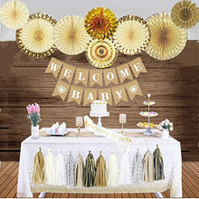 Load image into Gallery viewer, Gender Neutral Baby Shower Decorations for Boy Or Girl (24 pcs.) - Rustic Burlap Banner, Table Runner, Mommy to Be Sash, Tablecloth, Pre-Strung Foil Fans, Tissue Paper Tassels, Oh Baby Party Supplies