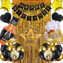 Load image into Gallery viewer, Birthday Decorations for Men, Birthday Party Decorations for Him Her, Happy Birthday Banner, Black Gold Birthday Decor Set for Men Women Girls Boys 21st 30th 40th 50th Birthday Party Supplies