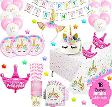 Load image into Gallery viewer, HUGE 102 PIECE 16 Guests Unicorn Party FREE PRINCESS BALLOONS Supplies Unicorn Party Balloons, Plates, Cups, Napkins, Table Cloth, Banner AND MORE!!! Unicorn Birthday Party Decorations for Girl