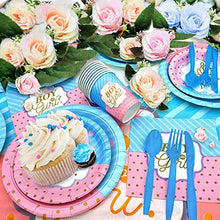 Load image into Gallery viewer, Heboland Gender Reveal Party Supplies Tableware Set, 16 Guests Boy or Girl Plates Napkins Tablecloth Cups Knives Forks Spoons Banner Decorations