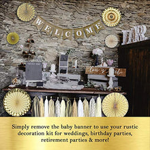 Load image into Gallery viewer, YARA Baby Shower Decorations Neutral | Woodland Rustic Boho Theme Oh Baby Decoration for Girl & Boy, Gender Reveal & Birthdays | Burlap Welcome Baby Banner, Gold & Cream Decor Paper Fans & Tassels