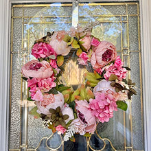 Load image into Gallery viewer, LASPERAL 15" Door Wreath, Artificial Pink Peony Flower Wreath for Front Door Spring Valentine Floral Outdoor Wreath for All Seasons, Wedding, Wall, Home Decor