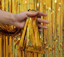 Load image into Gallery viewer, AILEXI 3 Pack Metallic Tinsel Curtains Foil Fringe Shimmer Streamers Curtain Door Window Decoration for Party Supplies 3ft*6.56ft - Laser Gold