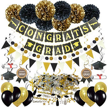 Load image into Gallery viewer, Zerodeco Graduation Decorations, Black and Gold Congrats Grad Banner Paper Pompoms Hanging Swirls Graduation Confetti Paper Garland Party Balloons for Grad Party Decoration Supplies